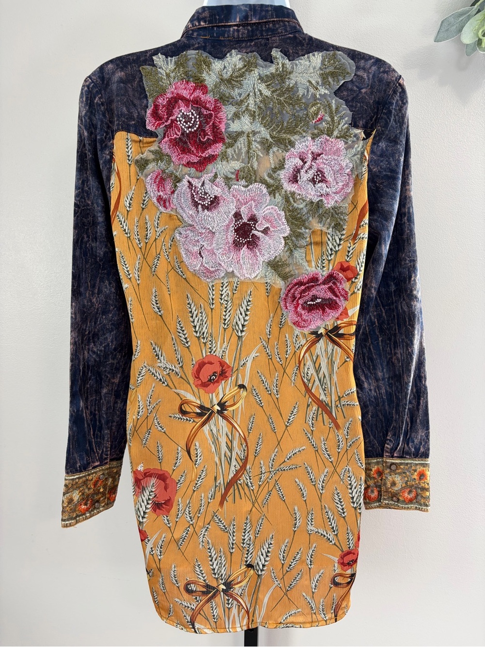 NWOT Aratta Silent Journey- Embroidered Back, Denim and Pink Wash Button Down